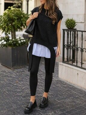 NWT Zara Black Knit Twofer Tunic Sweater Vest Oversized Layered Shirt